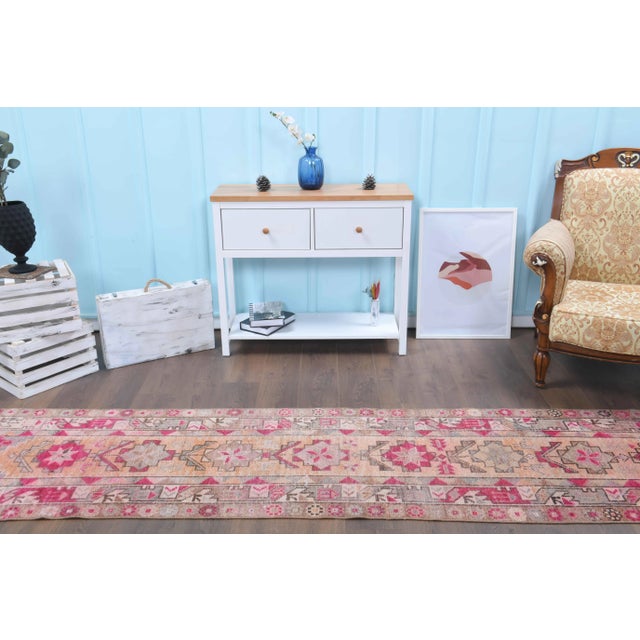 Turkish 1970s Turkish Hand-Knotted Wool Cotton Pink Runner For Sale - Image 3 of 10