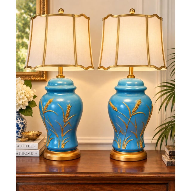 Vintage Hollywood Regency Turquoise Blue & Gold Ginger Jar Table Lamps – Pair For Sale - Image 4 of 10