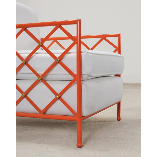 Pair of French Maison Jean Orange Iron Lattice Lounge Chairs For Sale - Image 10 of 18