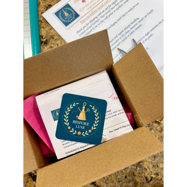 Aqua and Taupe Satin Beaded Key Tassel With Cut Velvet Detail For Sale - Image 16 of 16