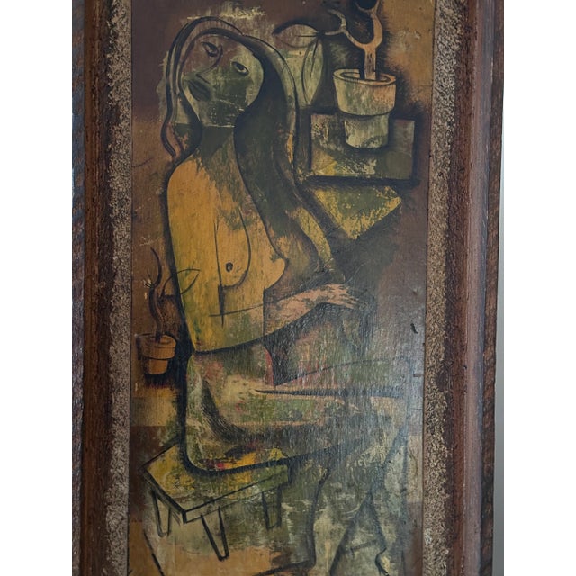 Brown Leon d'Usseau Dusso Modernist Art Painting, California Early Modern Cubism Art Painting on Board For Sale - Image 8 of 10