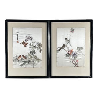 Vintage Framed Chinese Silk Embroidery Panels Birds and Flowers Huaniao Art Pair For Sale