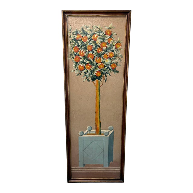 Late 20th Century Maitland-Smith Style Hand-Painted Orange Topiary Crackle Wall Panel For Sale