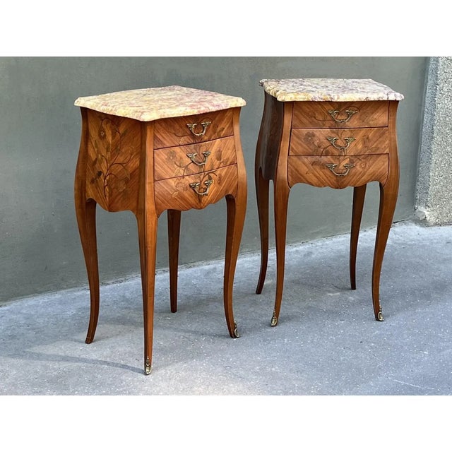 Antique Pair of french Louis XV style inlaid side tables or nightstands. Parisian cabinetmaker masterpiece work from the...