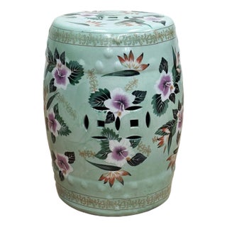 Vintage Chinoiserie Mint Green Floral Motif Garden Stool For Sale
