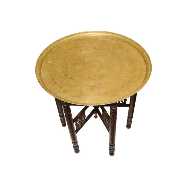 Middle Eastern Folding Tea Table with Removable Brass Circular Tray in the style of Liberty of London, 1890s, Set of 2 For Sale - Image 3 of 10