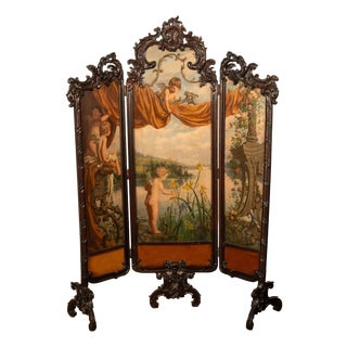 Antique French Rococo Oil Canvas Walnut Painting Landscape Cherubs Screen 1870 For Sale