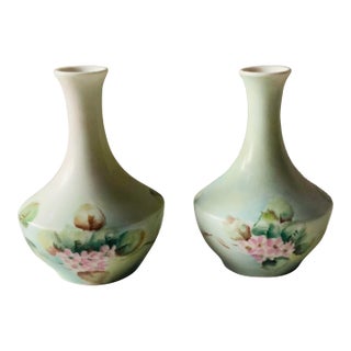 Pair of Antique French Porcelain Hand-Painted Bud Vases — Celadon, Pink Roses & Peaches, C. 1900 For Sale