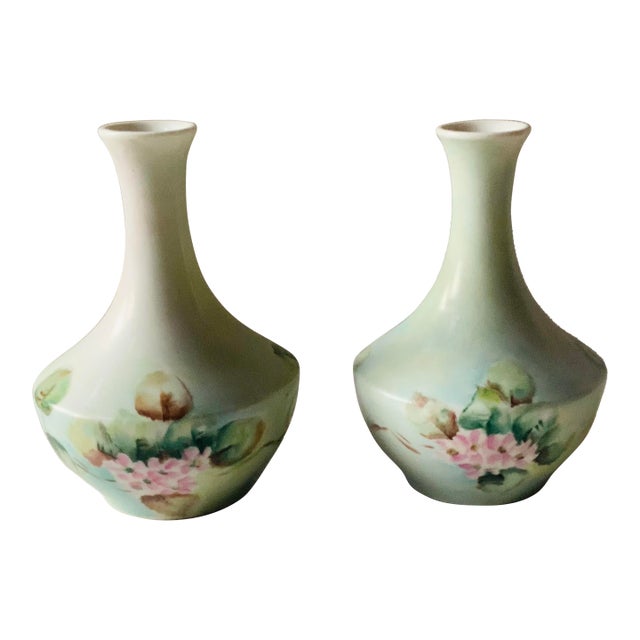 Pair of Antique French Porcelain Hand-Painted Bud Vases — Celadon, Pink Roses & Peaches, C. 1900 For Sale