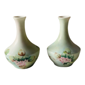 Pair of Antique French Porcelain Hand-Painted Bud Vases — Celadon, Pink Roses & Peaches, C. 1900