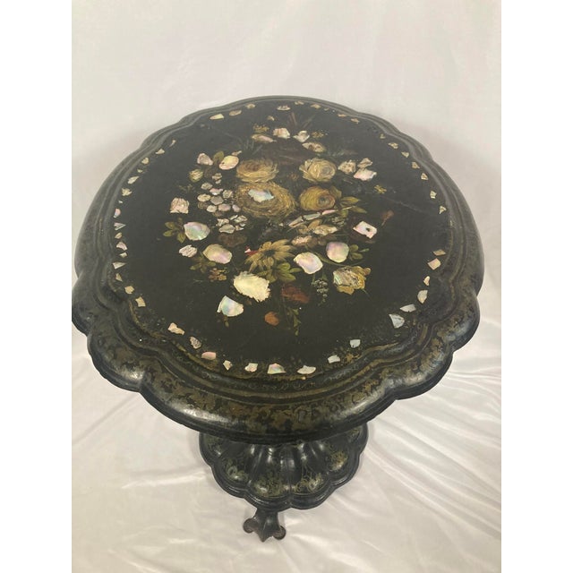 Paper Antique Victorian Papier-Mâché Pedestal Table | Mother of Pearl Inlay |25'' H For Sale - Image 7 of 18