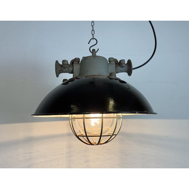 Black Enamel and Cast Iron Industrial Cage Pendant Light from Elektrosvit, 1960s For Sale - Image 17 of 18