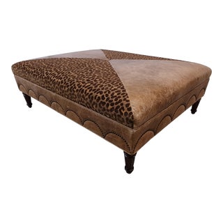 Leather and Safari Print Tufted Brass Nailhead Ottoman For Sale