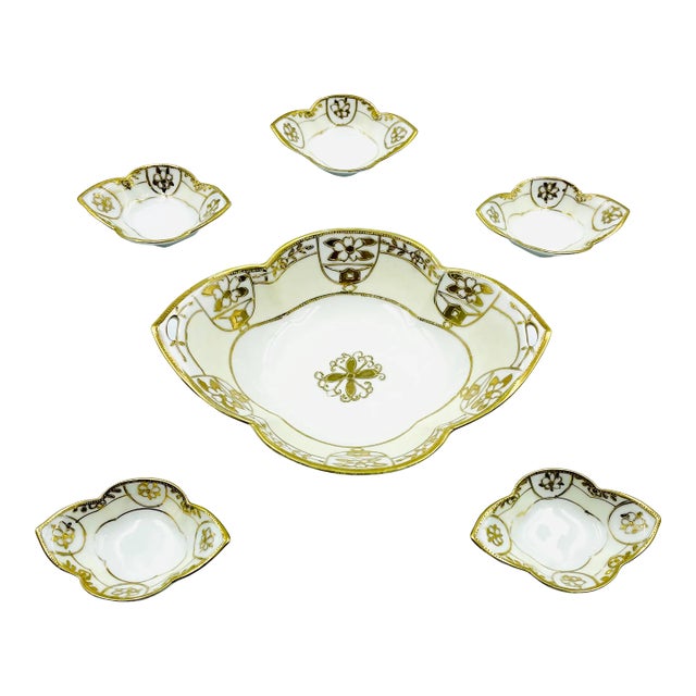 Mid 20th Century Nippon Hand Painted Lobed Bowl & Five Matching Smaller Bowls- 6 Pieces For Sale