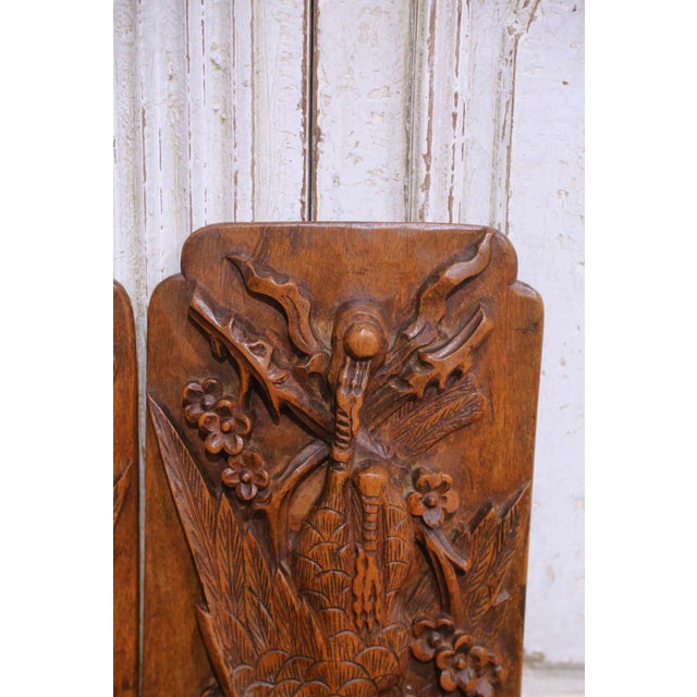Art Deco Pair of Early 20th Century French Art Deco Carved Walnut Pheasant Wall Panels For Sale - Image 3 of 7