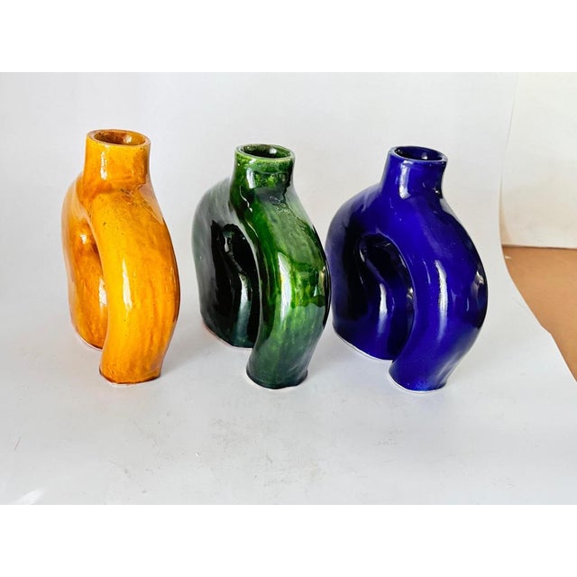 Vase in Enameled Ceramic Green, Blue and White, Italy, 1970s, Set of 3 For Sale - Image 11 of 12