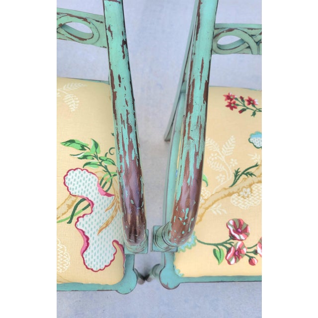 Vintage Distressed Green Brown Fretwork Upholstered Brunschwig Fils Yellow Floral Side Chairs- A Pair For Sale - Image 9 of 15