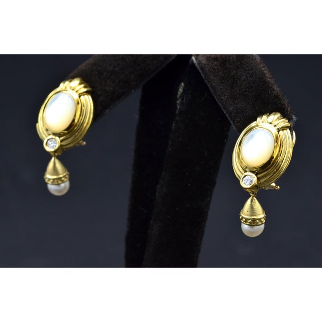 Metal The Gretnas: Ladies Vintage 14K Day and Night Mother of Pearl Dangler Earrings, 2 Pieces For Sale - Image 7 of 9