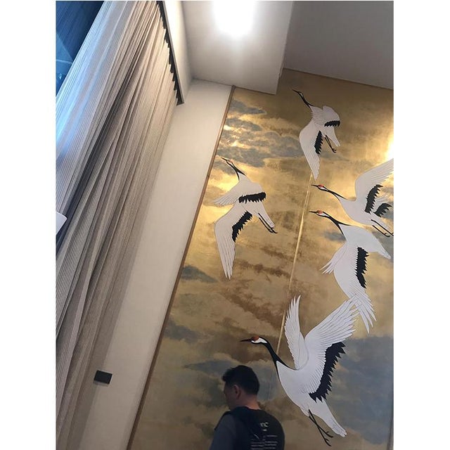 Hand‑Painted Gold Leaf Crane Panoramic Mural Wall Panels For Sale - Image 6 of 8