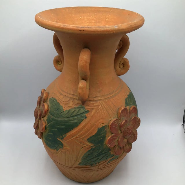 1980s Large Hand Thrown 3 Handle Terra-Cotta Vase Floral Decorated For Sale - Image 5 of 13