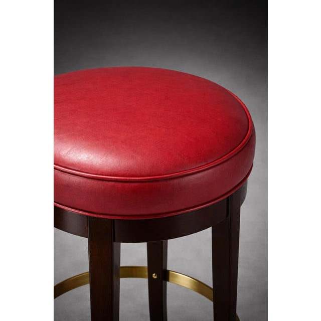 English Late 20th Century Oversized Traditional Swivel Bar Stool With Red Leather Seat, Mahogany Legs & Brass-Tone Footrest Ring — 30” For Sale - Image 3 of 5