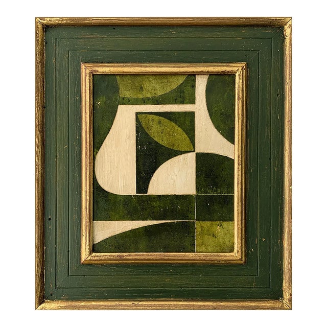 Green Mid-Century Modern Inspired Collage in Vintage Painted Frame For Sale