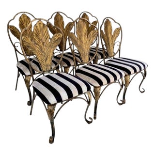 1990s Hollywood Regency Gold Gilt Metal Leaf Back Dining Chairs With Black & Cream Striped Upholstery - Set of 6 For Sale