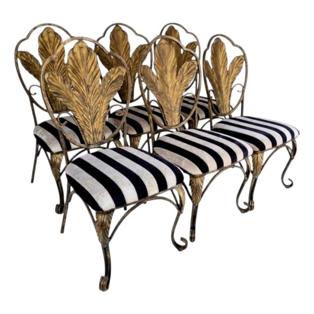 1990s Hollywood Regency Gold Gilt Metal Leaf Back Dining Chairs With Black & Cream Striped Upholstery - Set of 6 For Sale