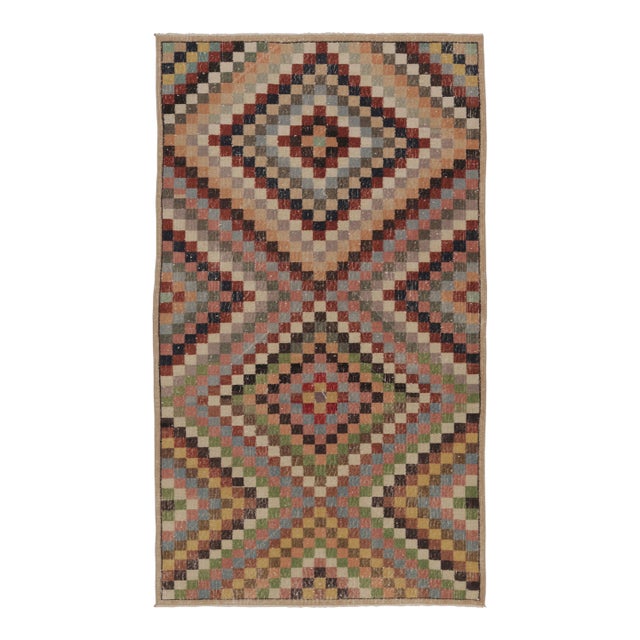 Vintage Distressed Runner, Polychromatic Checkered Diamonds - Rug & Kilim For Sale