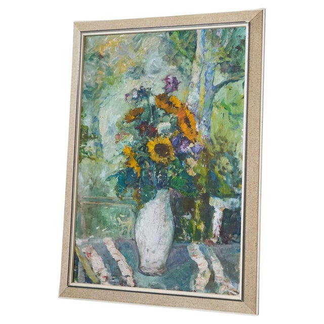 Sunflowers in White Vase, Oil on Canvas, 1940s For Sale - Image 14 of 14