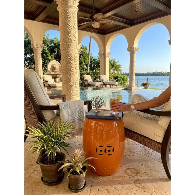 Vintage Italian Ceramic Garden Stool - Tangerine Glaze For Sale In West Palm - Image 6 of 10