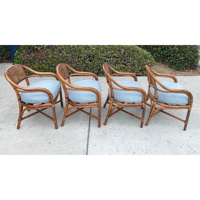 Wood 4 Authentic McGuire Vintage Rattan Cane Back Armchairs, Coastal Style For Sale - Image 7 of 14