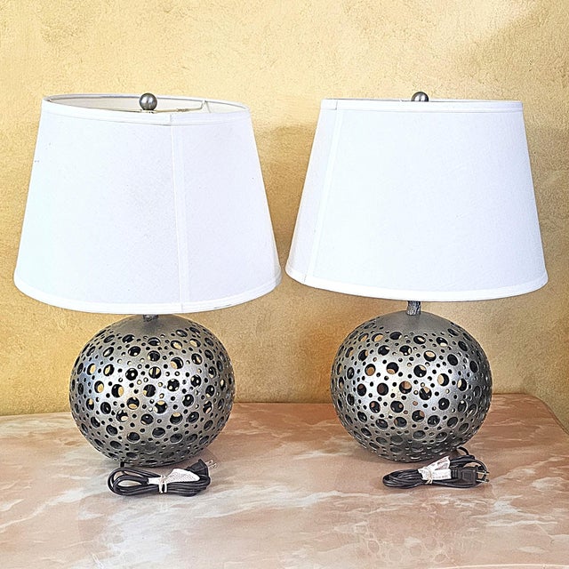 Pair of Pierced Pewter Globe Table Lamps With Shades For Sale - Image 4 of 18