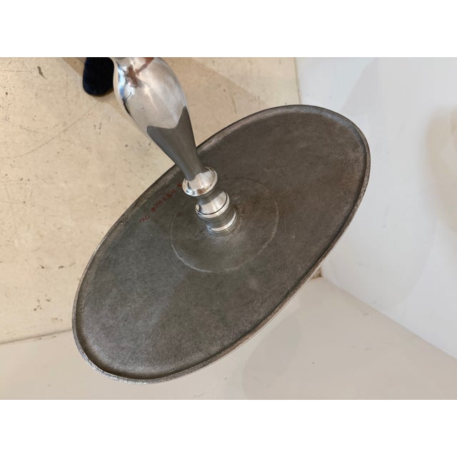 Silver Polished Aluminum Oval Pedestal Side Table With Sculptural Tripod Base For Sale - Image 8 of 10