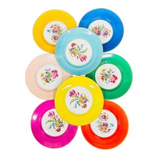 Mid 20th Century Richard Ginori Dessert or Salad Porcelain Plates With Gold Rims and Floral Design, Made in Italy - Set of 8 For Sale