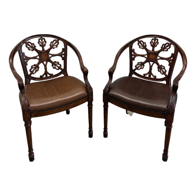 Pair of Theodore Alexander Regency Style Mahogany Armchairs With Leather Seats For Sale