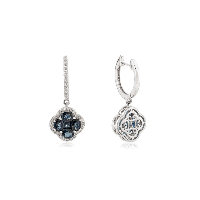 Not Yet Made - Made To Order 14k Gold Retro 4.39ct Deep Blue Sapphire & Diamond Clover Drop Earrings- A Pair For Sale - Image 5 of 9
