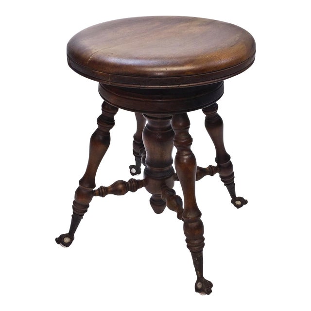 Antique Victorian Wood Adjustable Swivel Piano Stool with Ball & Claw
