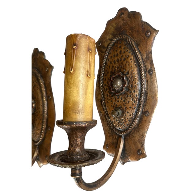 American Pair of Single Solid Brass Gold Painted and Hammered Sconces For Sale - Image 3 of 5
