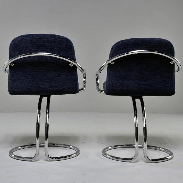 Navy Chenille Scoop Arm Chairs With Chrome Frames - Pair For Sale - Image 4 of 11