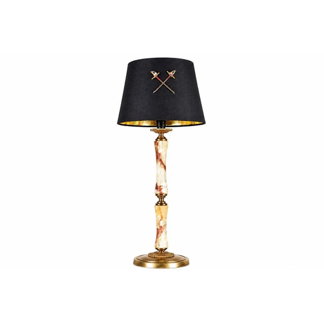 Onyx and Brass Column Table Lamp with Black Shade, 1950s For Sale - Image 10 of 10