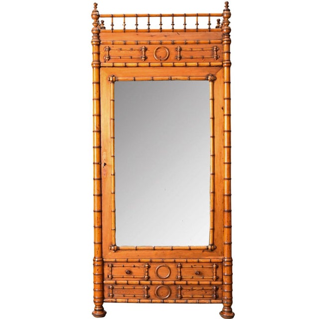 French 19th Century Faux Bamboo Pine Mirror Door Armoire For Sale - Image 4 of 12