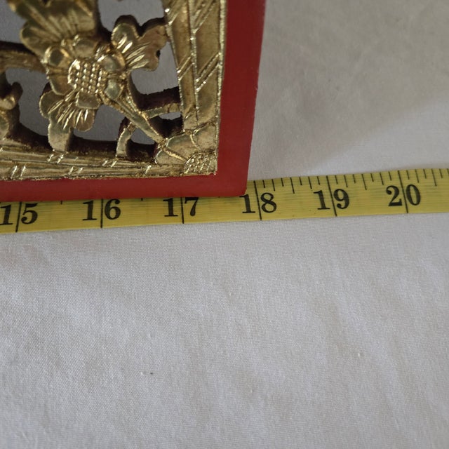 Antique Chinese Giltwood Panel Relief Carving Landscape Scene Red Lacquer Borders and Back For Sale - Image 14 of 18