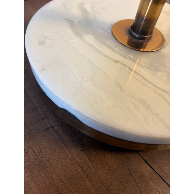1970s Vintage Brass-Tone Swing Arm Table Lamp With White Marble Base and Linen Shade For Sale - Image 5 of 5