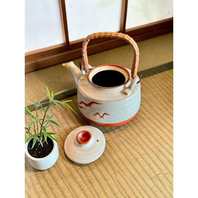Late 20th Century Vintage Mid-Century Modern Otagiri Japan Stoneware Seagull-Rattan Handle-Ceramic-Coastal Teapot For Sale - Image 5 of 11