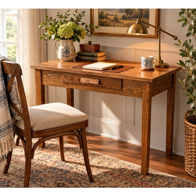 A beautifully refreshed vintage solid oak writing desk with wonderfully simple lines and a versatile compact footprint....