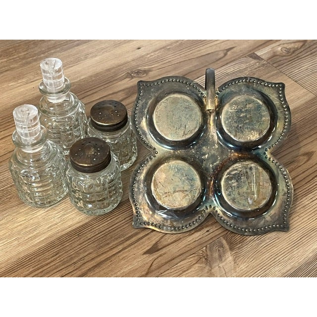 Silver Vintage 4-Piece Glass and Metal Condiment Cruet Set - 5 pcs For Sale - Image 8 of 9
