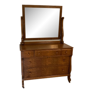 Antique Oak American Empire Waterfall Front Dresser With Mirror
