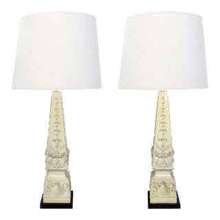 Monumental Pair of Italian 1950s Neoclassical Style Obelisk-Form Ceramic Lamps For Sale