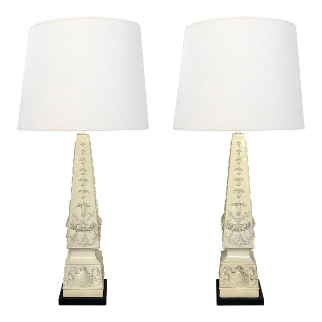 Monumental Pair of Italian 1950s Neoclassical Style Obelisk-Form Ceramic Lamps For Sale